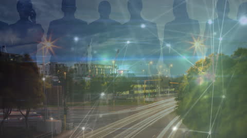 Global Network Connections Over Cityscape and People Silhouettes