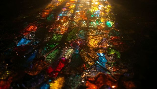 Colorful Glass Fragments Reflecting Light in Dim Interior