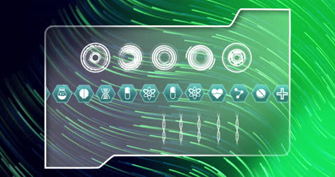 Digital Interface with Medical Icons and Green Trails Animation