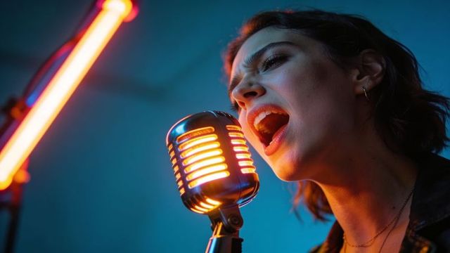 Female singer leaning into retro microphone with neon glow closeup portrait
