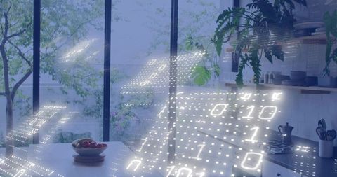 Holographic binary grid projecting across modern kitchen with glass wall and island