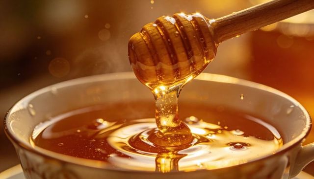 Dripping golden honey on wooden dipper forming ripples in ceramic bowl with warm bokeh