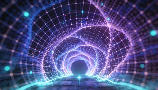 Glowing wireframe tunnel forming curved neon corridor through cyberspace grid