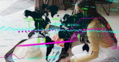 Woman packing suitcase with global data visualization overlay for travel and analytics