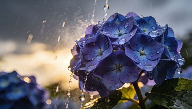 Backlit blue-purple hydrangea dripping with raindrops at golden hour macro