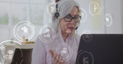 Caucasian Businesswoman Engaging in Virtual Meeting with Digital Interface Icons