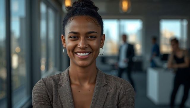 Smiling professional woman wearing checked blazer and hoop earrings in modern office