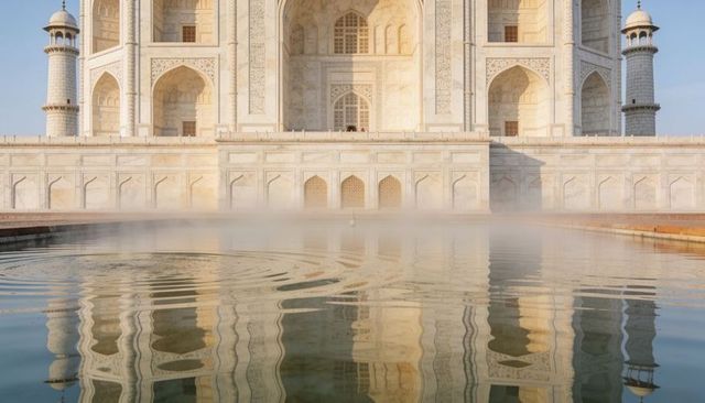 Sunlit taj mahal reflection with morning mist over marble pool and symmetric minarets
