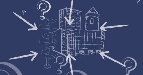 Conceptual business strategy art with question marks and arrows