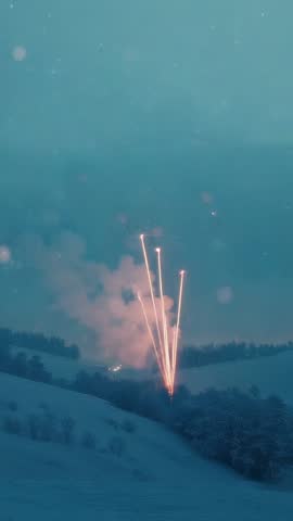 Vertical fireworks rockets launching over snowy hillside at dusk with bright trails