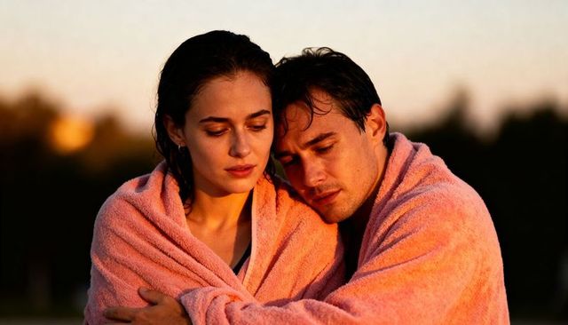 Couple leaning and embracing under pink towels at golden sunset, sharing warmth
