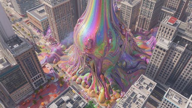 Giant iridescent viscous mass spilling through urban plaza among high-rise towers