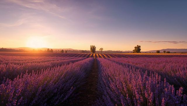 Stretching Lavender Rows Leading Toward Solitary Tree at Golden Hour Sunset Landscape