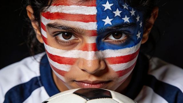 Teen soccer player wearing us flag face paint holding ball closeup patriotic athlete