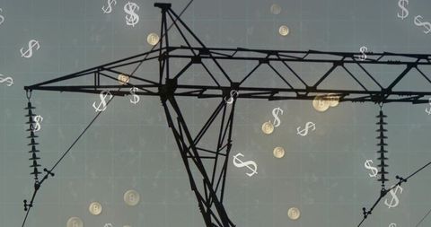 Power tower silhouette with currency symbols
