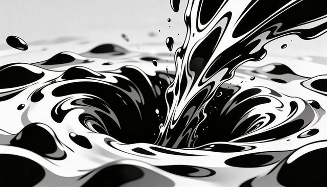 Glossy black liquid pouring into monochrome whirlpool vortex