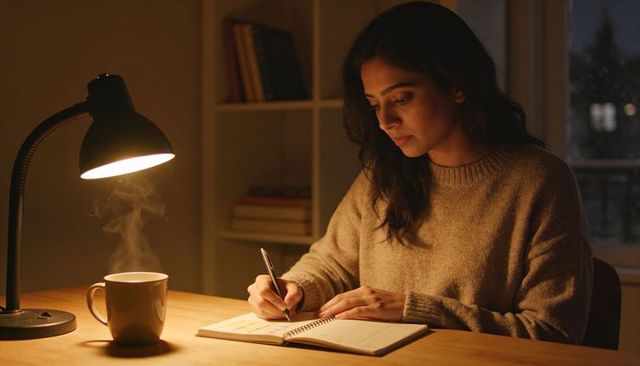 Indian woman writing in notebook at desk under warm lamp with steaming mug, cozy evening focus
