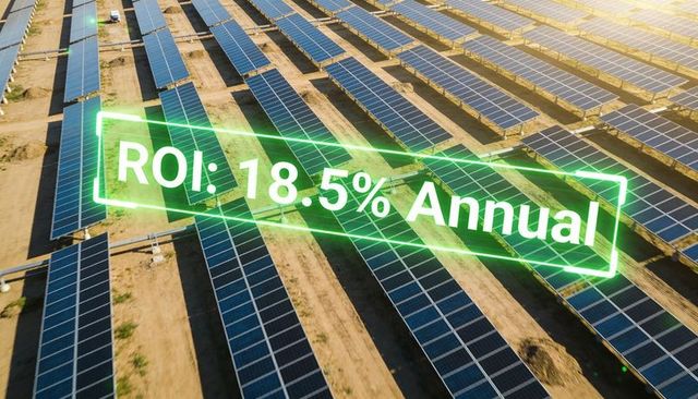 Aerial Solar Farm with Neon ROI Overlay Showing 18.5% Annual Return