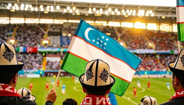 Waving uzbekistan flag and kalpak-wearing fans cheering in sunlit football stadium