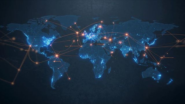 Global Digital Network Map with Neon Data Hubs, Interconnected Lines and Glowing Cities