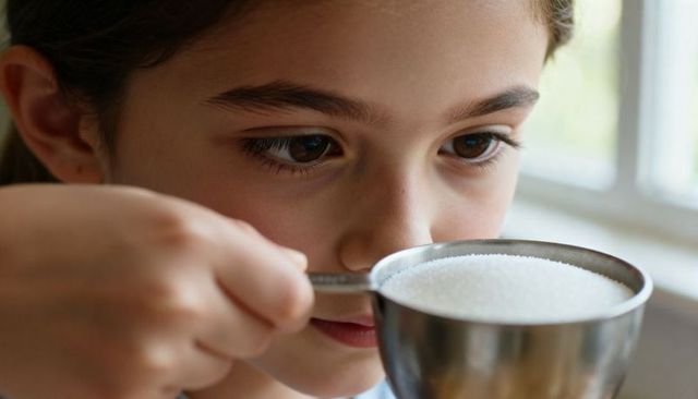Curious girl sniffing measuring cup of granulated sugar in sunlit home kitchen closeup