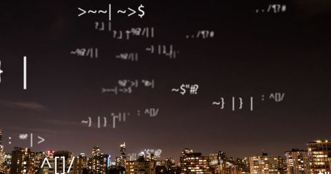 Digital Data Flow Above Night Cityscape