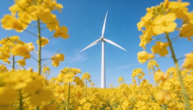 Honey-yellow canola framing wind turbine under blue sky promoting clean renewable energy