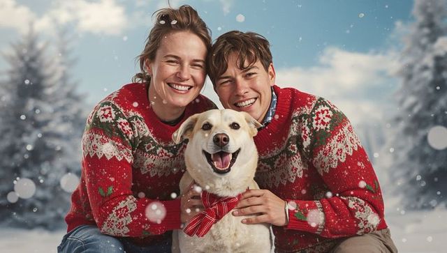 Happy couple in festive sweaters hugging dog in snowy woodland