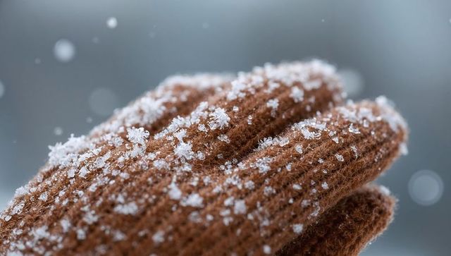 Brown knit mitten covered in snow crystals macro close-up winter wool texture