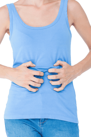 Transparent view: woman clutching stomach in discomfort