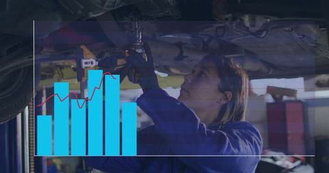 Female mechanic tightening vehicle under lift using drill with business chart overlay