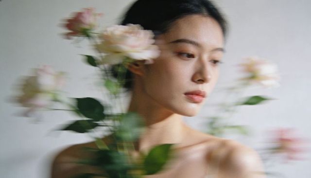 Asian woman turning head with pale pink roses in soft pastel minimalist dreamy portrait