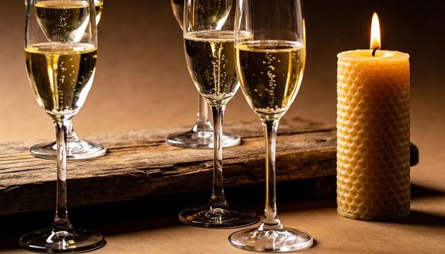 Sparkling champagne flutes casting warm beeswax candle glow on rustic wood plank