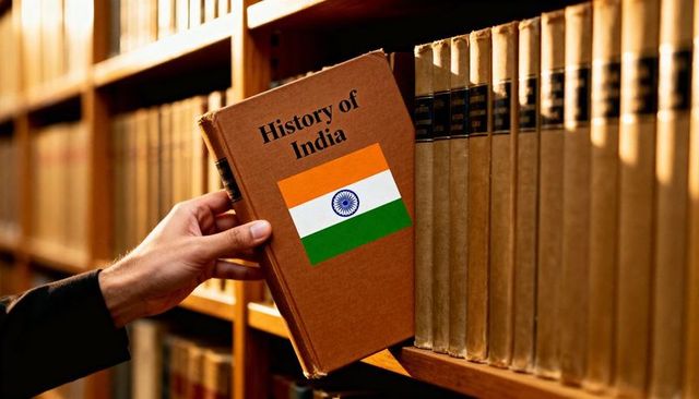 Hand pulling history of india hardcover with indian flag from wood library shelves