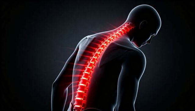 Glowing Spinal Column Highlighting Vertebrae and Disc Pain in Male Anatomy Illustration