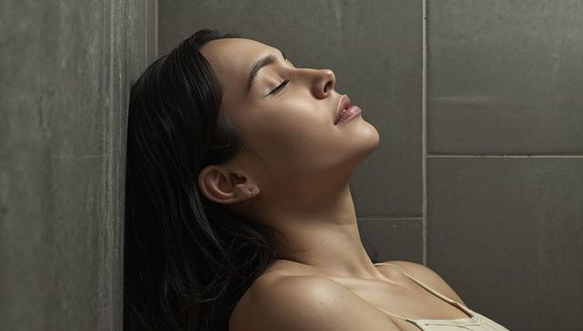Leaning woman resting head against tiled corner, eyes closed, minimalist spa wellness mood