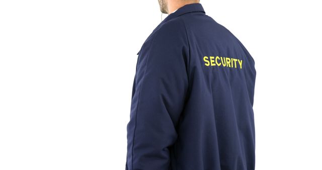 Caucasian security man with blue jacket and security text on white background with copy space. Security, safety and surveillance concept, unaltered.