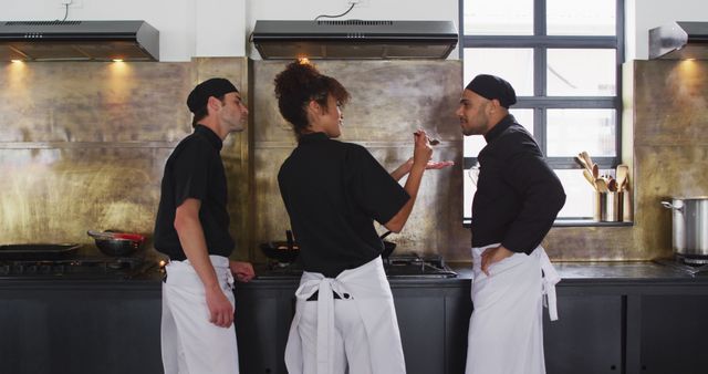 Three chefs discussing recipe in a commercial kitchen wearing black uniforms and white aprons. Ideal for use in culinary blogs, restaurant industry websites, teamwork presentations, and educational content about the food and service industry.