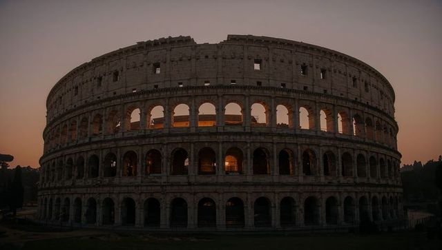 Colosseum at dusk with glowing arches and warm interior light