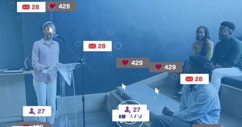 Student Presenting in Classroom with Floating Social Media Metrics and Engaging Audience