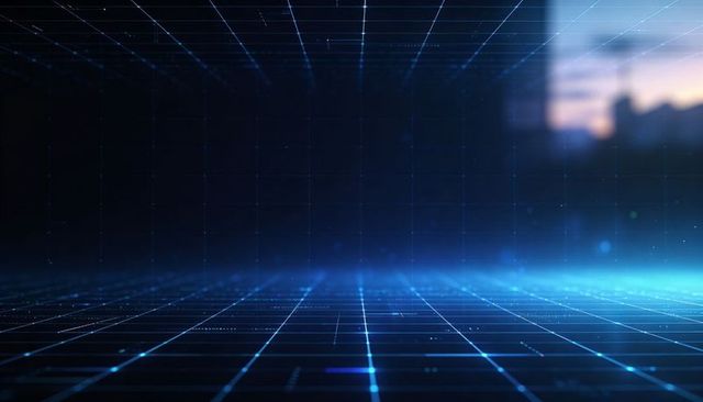 Extending Neon Blue Grid Floor and Ceiling in Futuristic Cyberpunk Wireframe Perspective