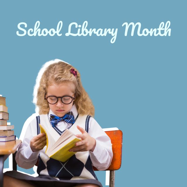 Young girl focuses on reading book, highlighting School Library Month. Ideal for educational campaigns, school library promotions, literacy programs. Convey importance of reading and libraries in childhood education.