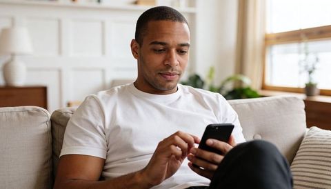 Man scrolling smartphone while relaxing on beige sofa in bright modern living room