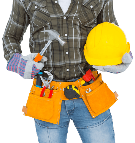Transparent construction worker holding tools and safety gear