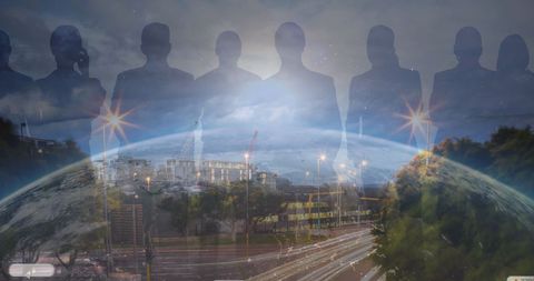Double Exposure of City Traffic with Global Business Silhouettes