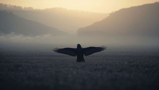 Black Bird Stretching Wings in Frosty Field at Dawn