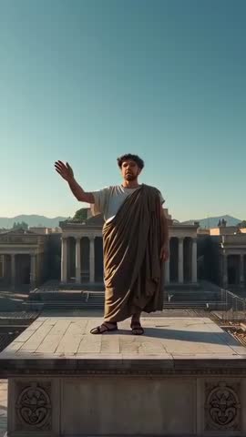 Roman Orator Raising Arm on Pedestal Delivering Speech in Toga at Neoclassical Colonnade