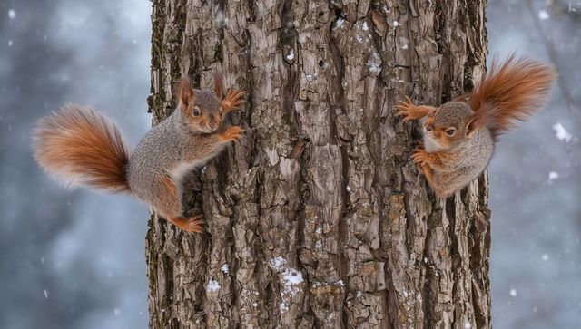 Clinging red squirrels facing each other on snow-covered tree trunk winter wildlife closeup