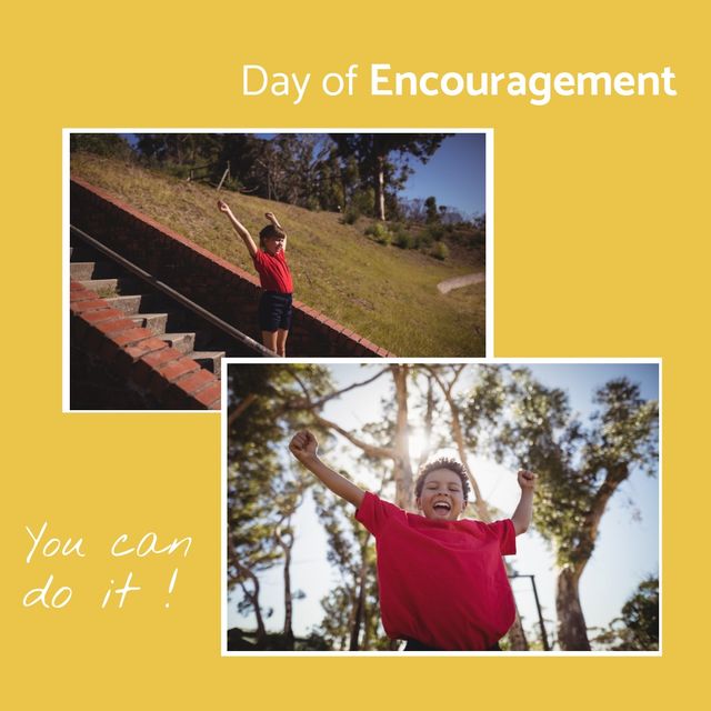 Multiracial boy and girl with arms raised screaming and day of encouragement with you can do it text. Park, collage, composite, childhood, happy, inspire, positive emotion and motivation concept.