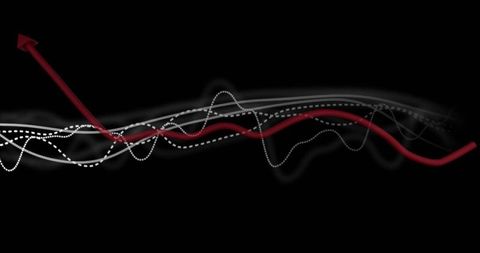 Dynamic Red Arrow With Digital Wave Lines on Black Background